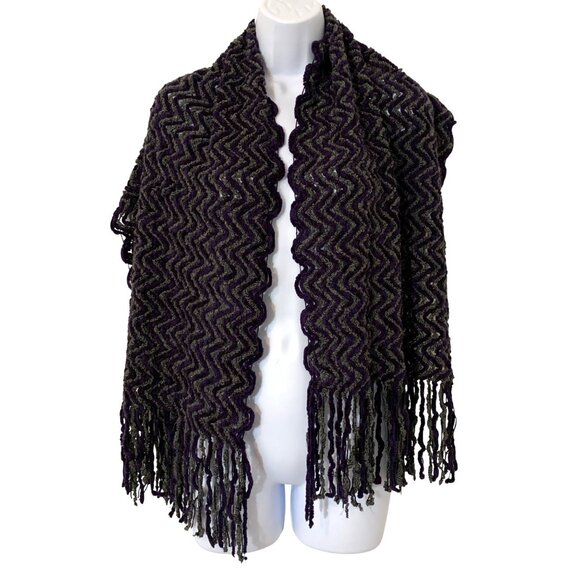 Saks Fifth Avenue Purple & Gray Chevron Knit Fringed Scarf Wrap - Made In Italy - Picture 1 of 7